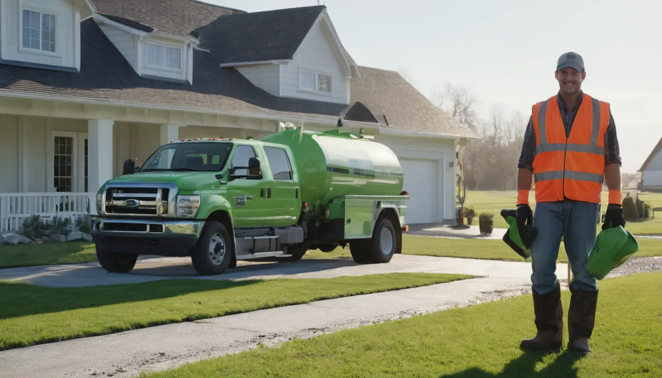 A septic pumping truck parked beside a ranch home in Hammond on a clear morning