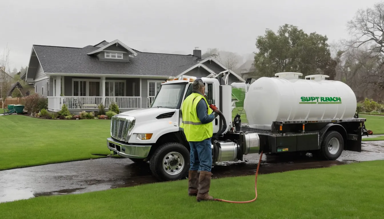 Septic tank pumping truck parked at a home in the Hammond area while a provider works near the yard access lid
